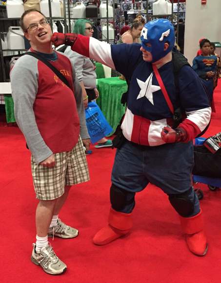 fat cap captain america posing at cosplay des moines iowa comic con 2015