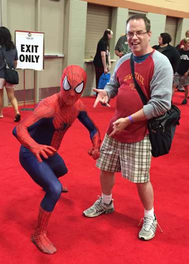 spidey spider-man spider man posing at cosplay des moines iowa comic con 2015